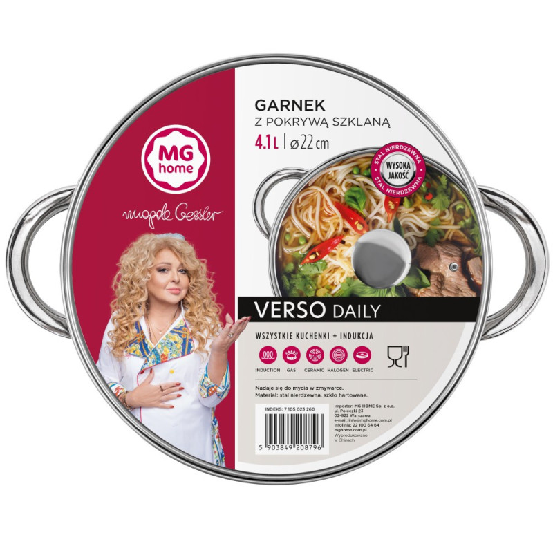 Garnek stalowy MG Home Verso Daily 22 cm 4,1 litra  z pokrywką na indukcję