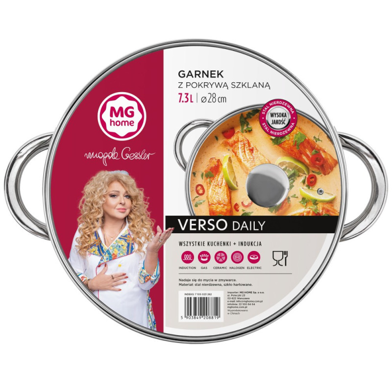 Garnek stalowy MG Home Verso Daily 28 cm 7,3 litra  z pokrywką na indukcję