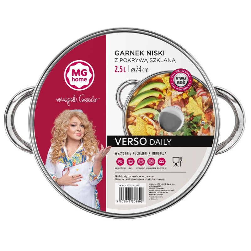 Garnek stalowy niski MG Home Verso Daily 24 cm 2,5 litra  z pokrywką na indukcję