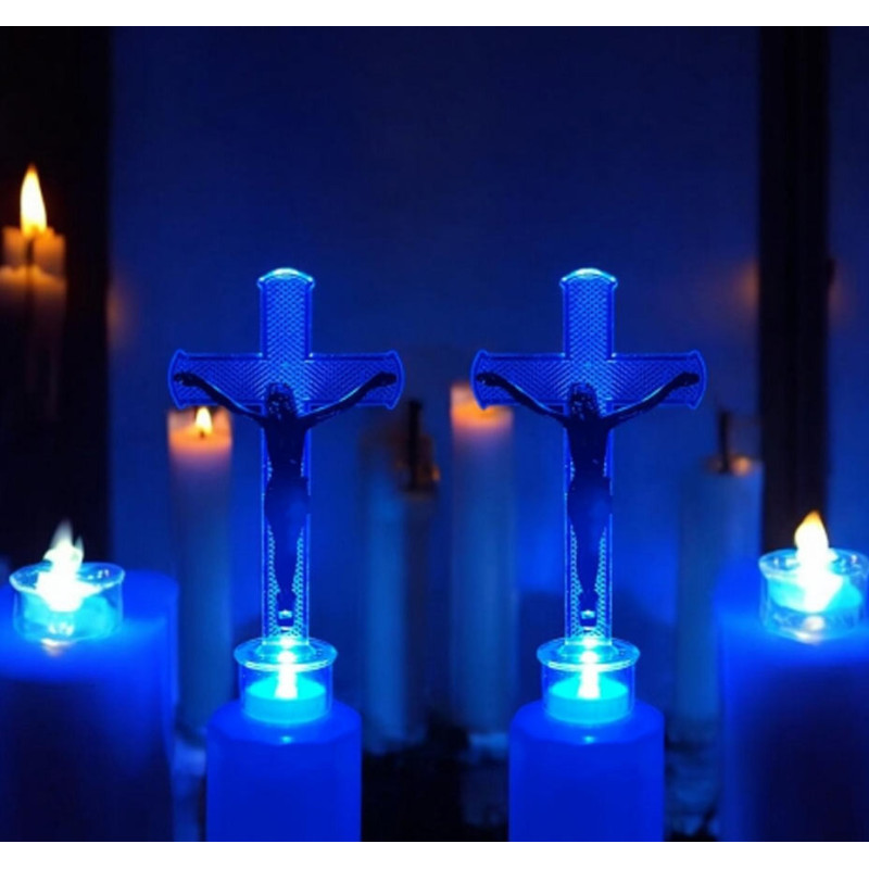 Wkład LED do znicza figurka krzyża  18 cm niebieskie światło