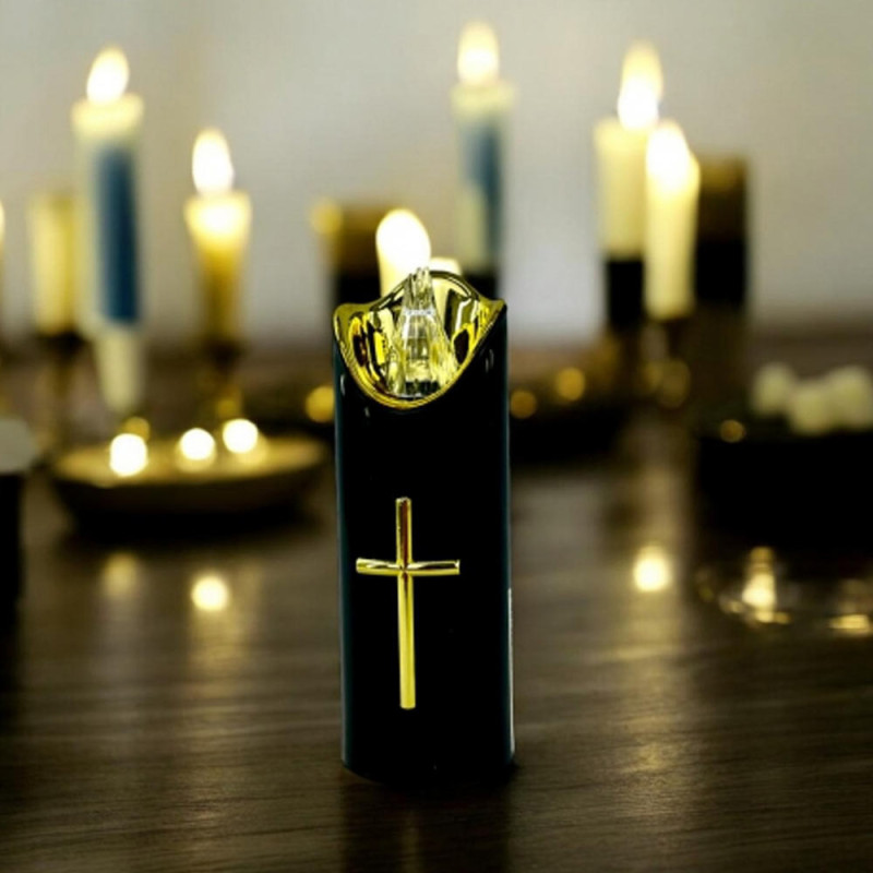 Wkład do znicza 15 cm świeczka czarna LED z krzyżem białe światło Cortina Rico baterie AA