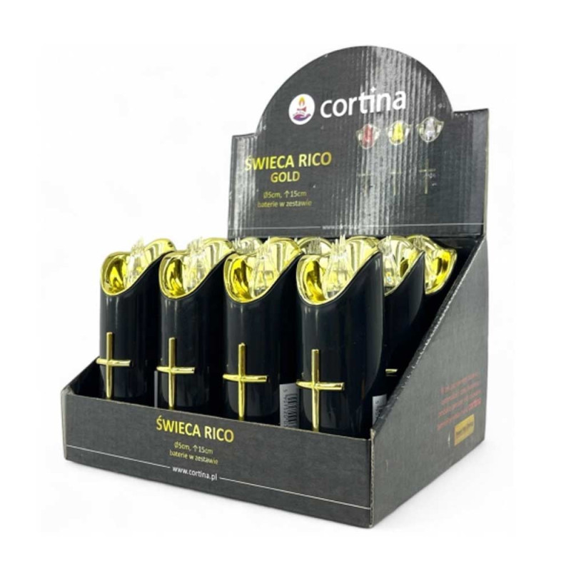 Wkład do znicza 15 cm świeczka czarna LED z krzyżem białe światło Cortina Rico baterie AA
