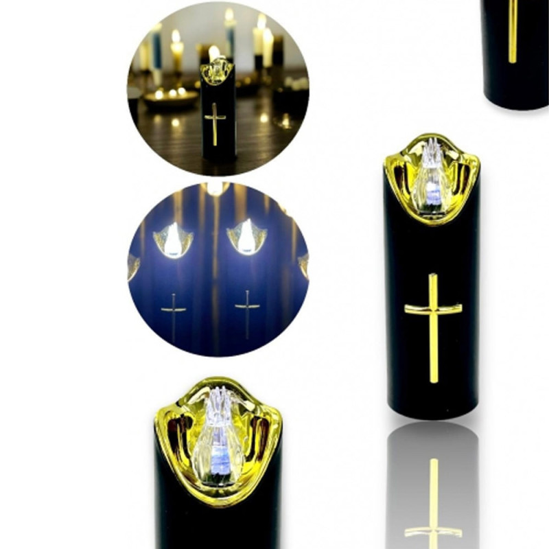 Wkład do znicza 17 cm świeczka czarna LED z krzyżem białe światło Cortina Rico baterie AA
