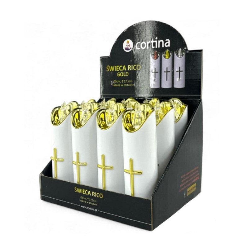 Wkład do znicza 17 cm świeczka biała LED z krzyżem białe światło Cortina Rico baterie AA