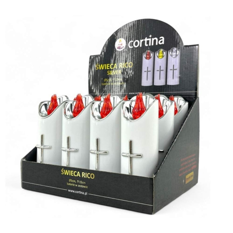 Wkład do znicza 15 cm świeczka biała LED z krzyżem czerwone światło Cortina Rico baterie AA