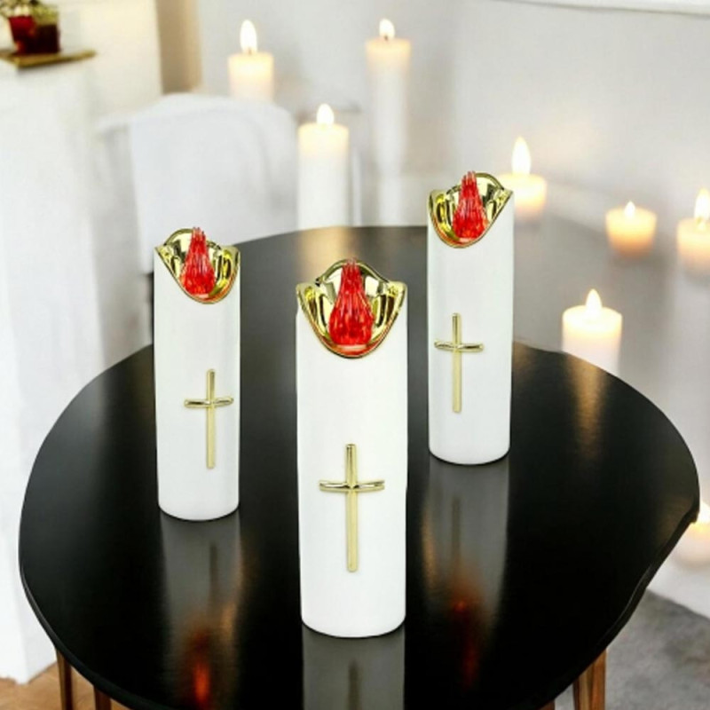 Wkład do znicza 17 cm świeczka biała LED z krzyżem z czerwonym światłem Cortina Rico baterie AA