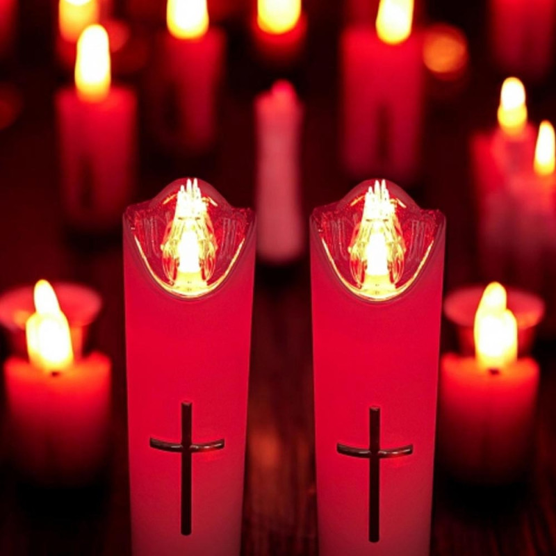 Wkład do znicza 17 cm świeczka biała LED z krzyżem z czerwonym światłem Cortina Rico baterie AA