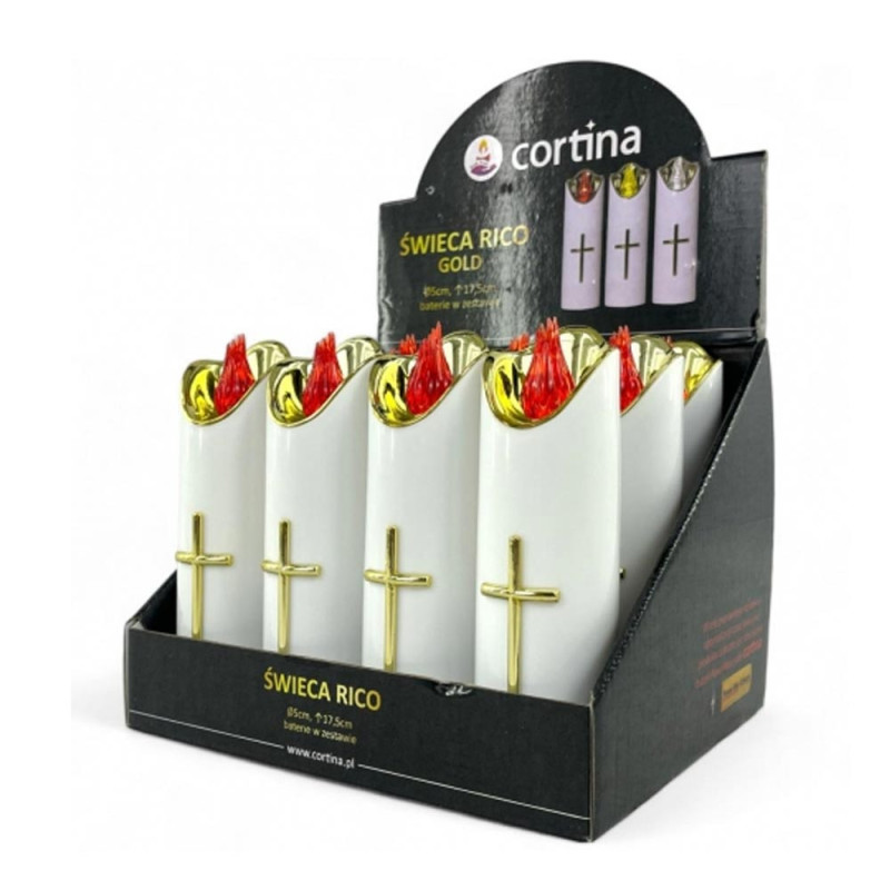 Wkład do znicza 17 cm świeczka biała LED z krzyżem z czerwonym światłem Cortina Rico baterie AA