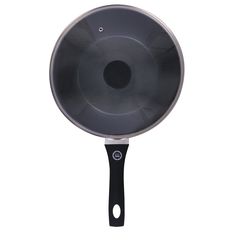 Wok z pokrywką 28 cm patelnia głęboka czarna nieprzywieralna powłoka MG Home
