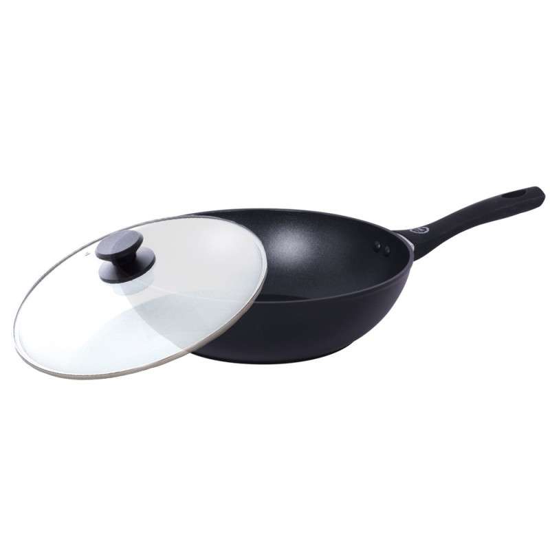 Wok z pokrywką 28 cm patelnia głęboka czarna nieprzywieralna powłoka MG Home