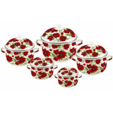 Garnki emaliowane zestaw garnków z pokrywkami białe w czerwone maki 10 elementów Masterpan MP 2601