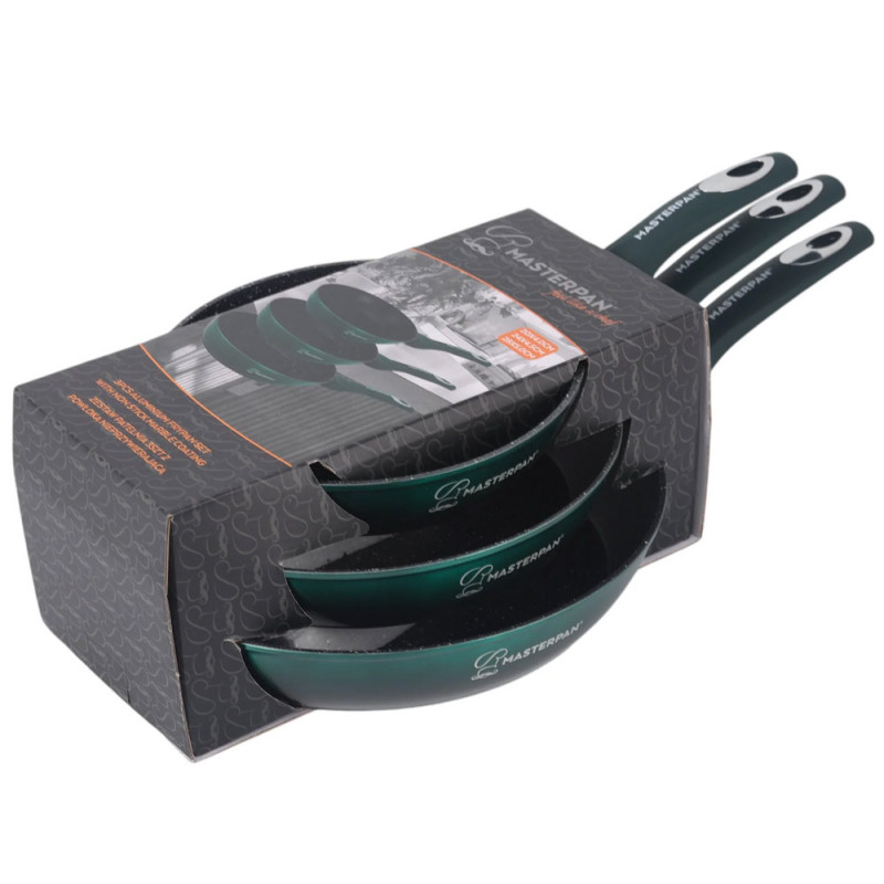Patelnie aluminiowe z powłoką marmurkową 20/24/28 cm zestaw 3 sztuk zielone Masterpan MP 2381