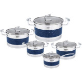 Garnki ze stali nierdzewnej z paskiem niebieski marmurek Hoffner HF 9948 zestaw 10 elementów indukcja gaz