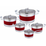 Garnki ze stali nierdzewnej z paskiem czerwony marmurek Hoffner HF 9948 zestaw 10 elementów indukcja gaz