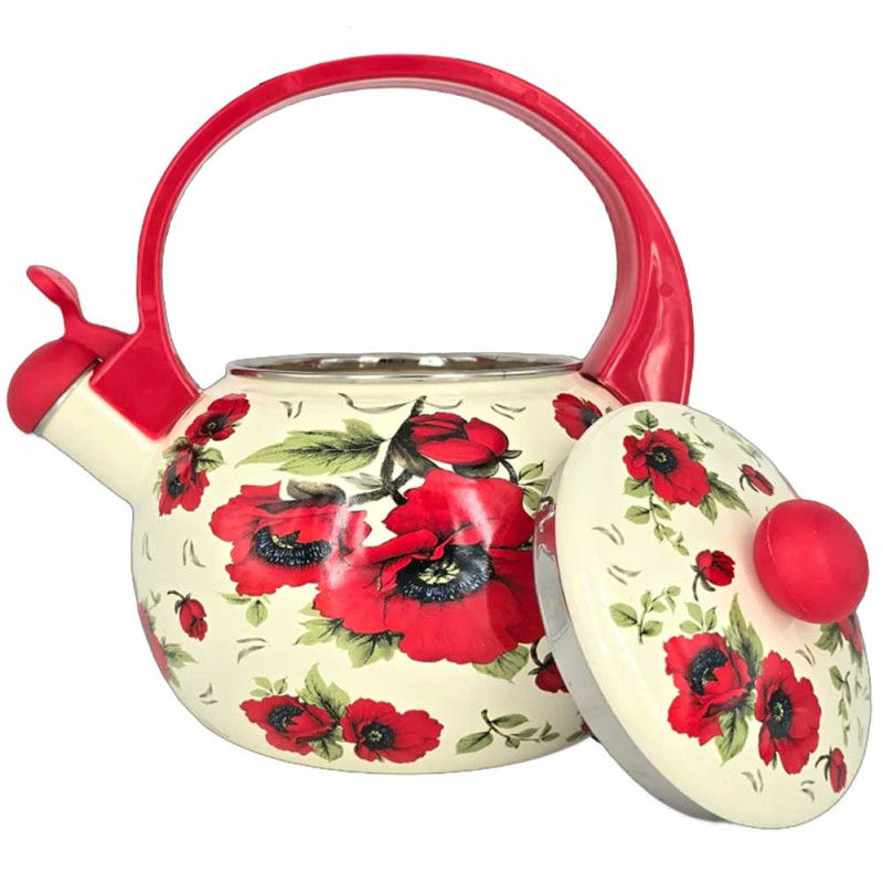 Czajnik tradycyjny emaliowany 2,2 L stalowy kremowy czerwone maki Masterpan MP 2501