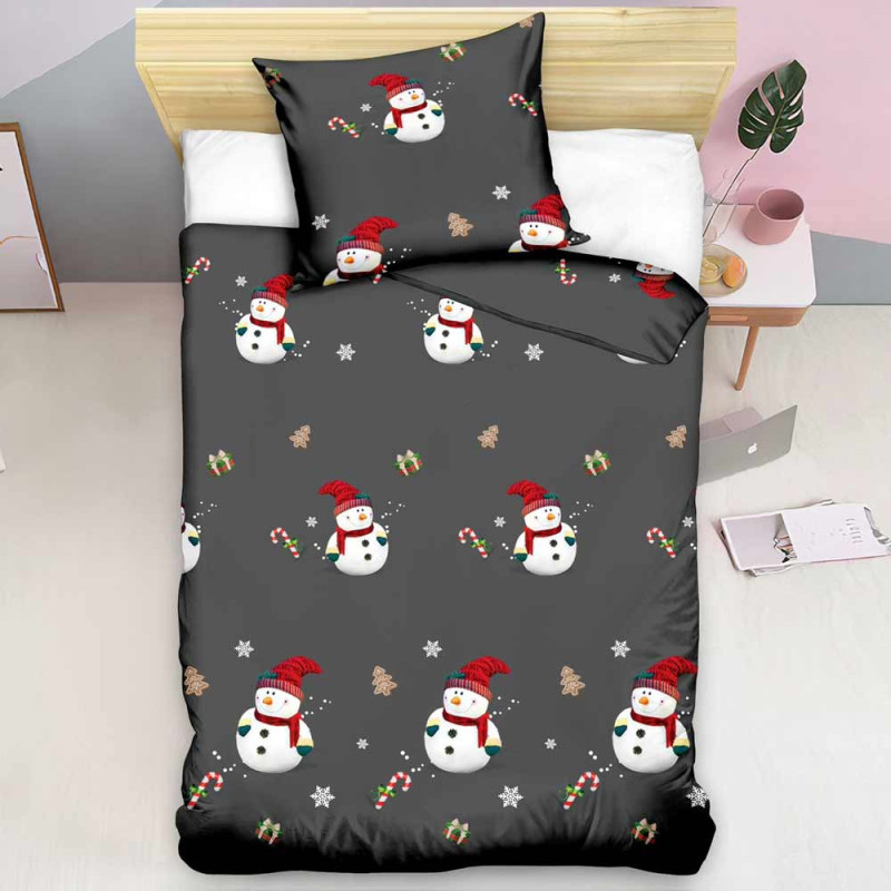 Pościel świąteczna 160x200 bawełna satynowa dwustronna Fashion Home gruba 3 części A022 grafitowa z bałwanem