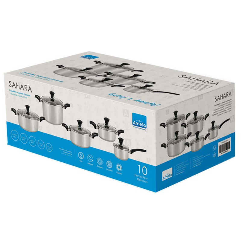 Zestaw garnków stalowych 10 elementowy 1.2/1.5/3.1/5/5.9 L komplet Sahara Amefa indukcja gaz