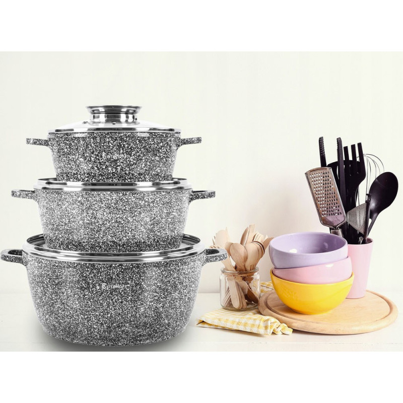 Garnki marmurowe szare 20/24/28 cm zestaw 6 elementowy  Elitehoff E 7052 indukcja gaz
