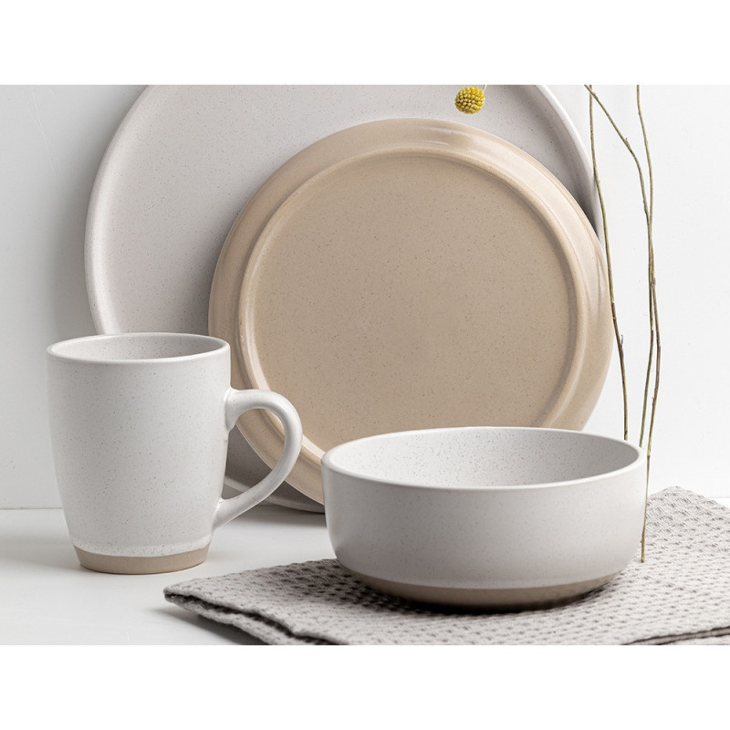 Serwis obiadowy porcelanowy Florina Lila 18 elementów zestaw talerzy dla 6 osób kremowy nakrapiany