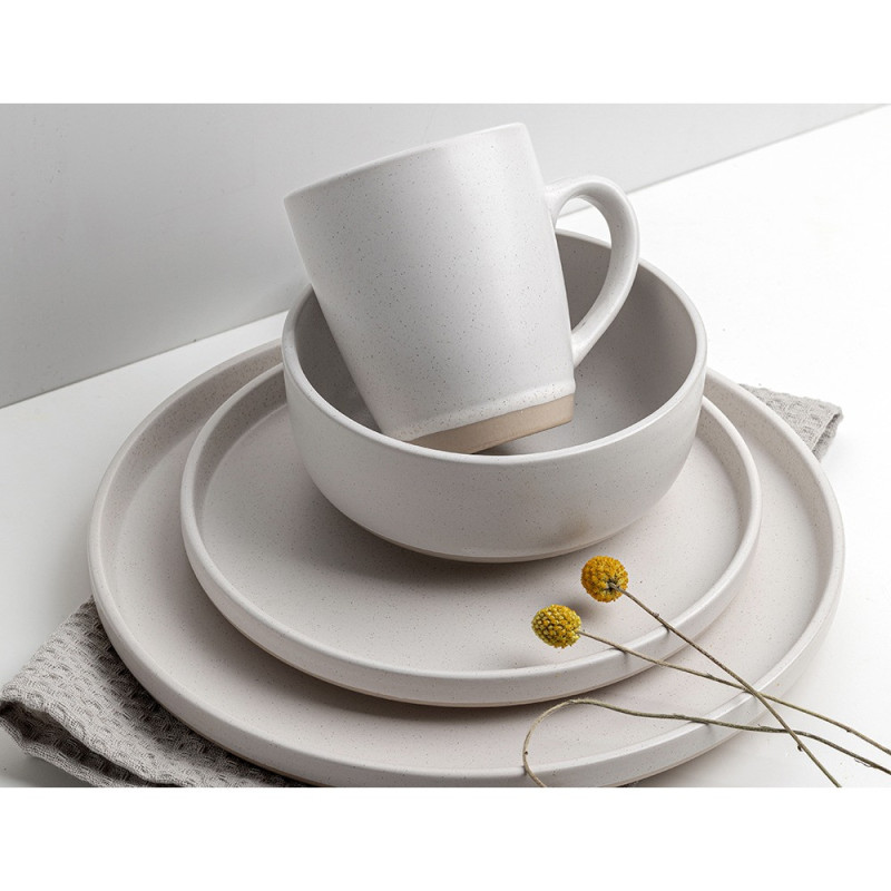 Serwis obiadowy porcelanowy Florina Lila 24 elementy zestaw talerzy  kubki dla 6 osób kremowy nakrapiany