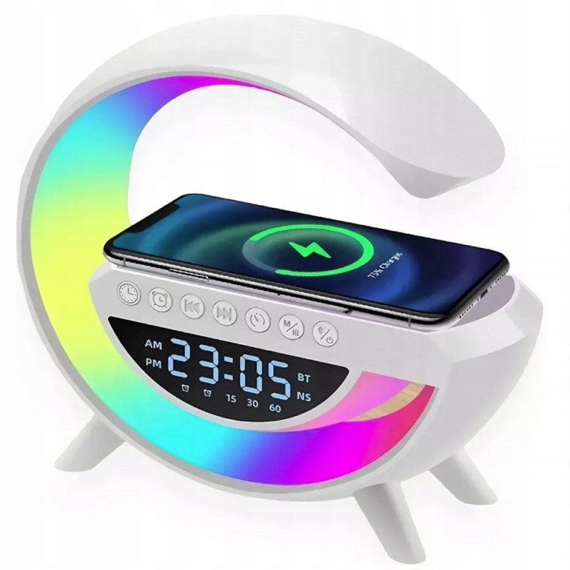 Lampka LED zegar z radiem Blutooth budzikiem i ładowarką QI 2520