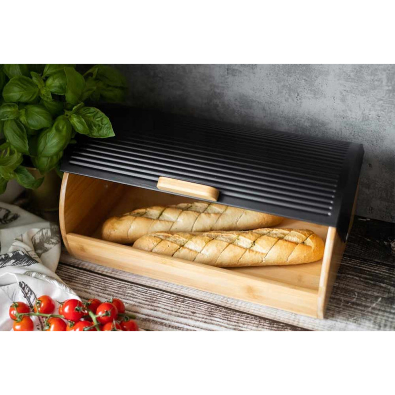 Chlebak drewniany 39x28x19cm z pokrywą stalową czarną Burnbeste BR 2737 pojemnik na pieczywo