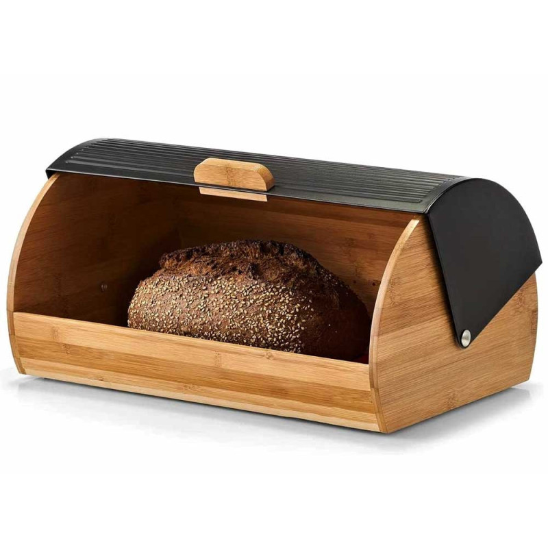 Chlebak drewniany 39x28x19cm z pokrywą stalową czarną Burnbeste BR 2737 pojemnik na pieczywo