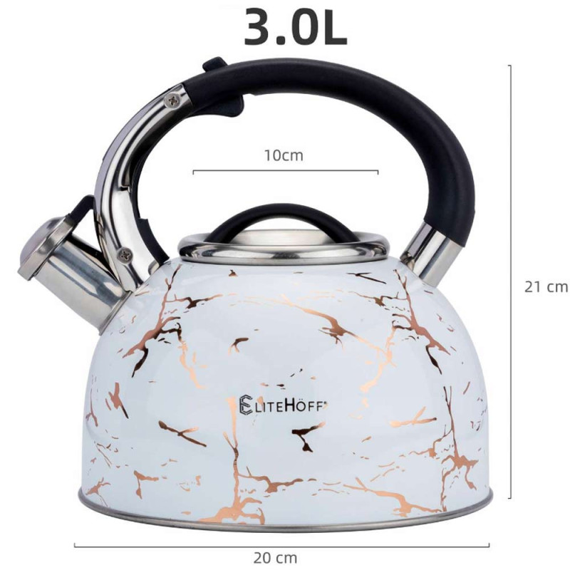 Czajnik tradycyjny stalowy 3 L  biały marmur z gwizdkiem indukcja gaz Elitehof E 5156