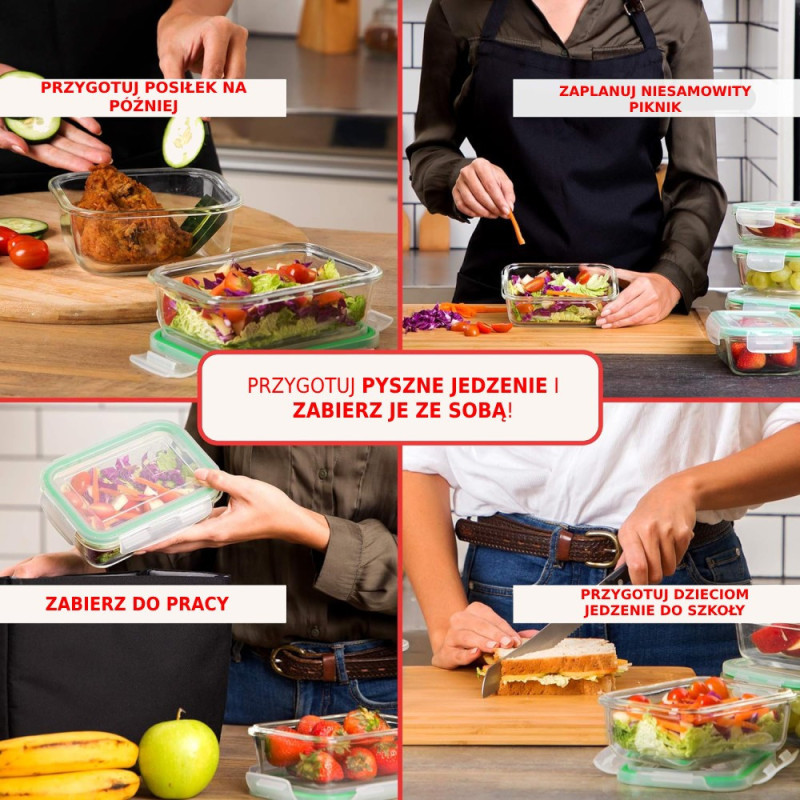 Pojemniki szklane prostokątne lunchbox Florina Frigo zestaw 4 sztuki żaroodporne hermetyczne  1040/640/370/150 ml