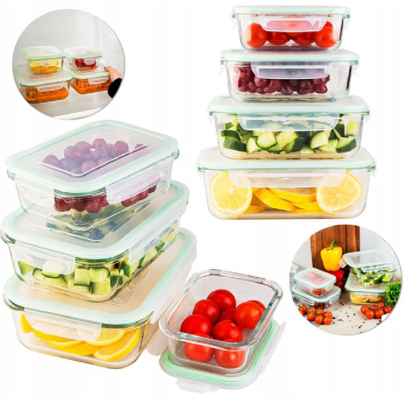 Pojemniki szklane prostokątne lunchbox Florina Frigo zestaw 4 sztuki żaroodporne hermetyczne  1040/640/370/150 ml