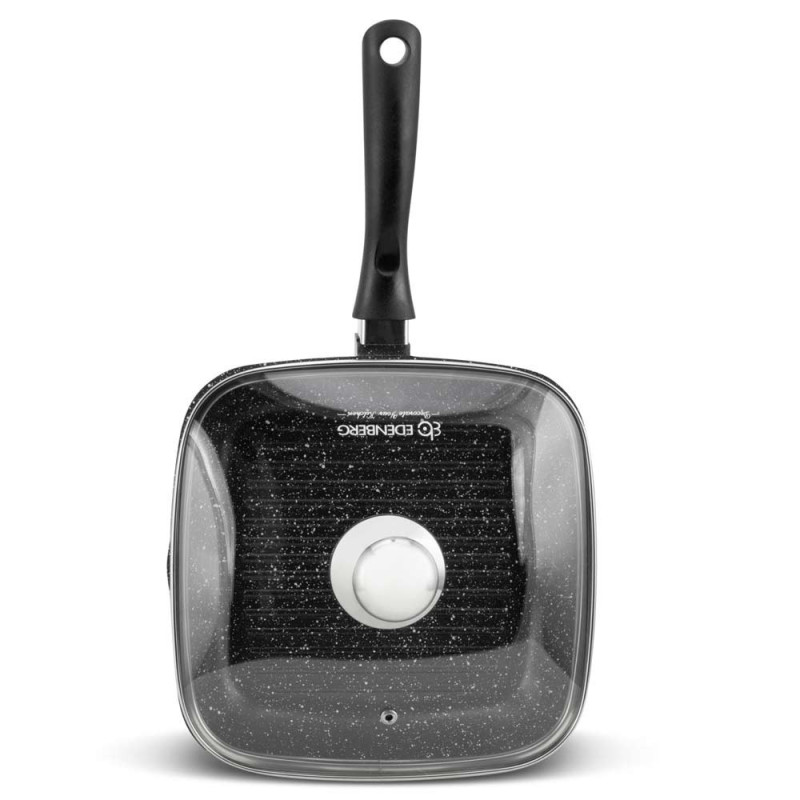 Patelnia grillowa z pokrywką 24 cm kwadratowa  powłoka czarny marmur Edenberg EB  8136 indukcja gaz