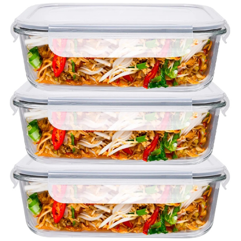 Pojemniki szklane 640 ml prostokątne lunchbox Altom Fresh zestaw 3 sztuki żaroodporne hermetyczne