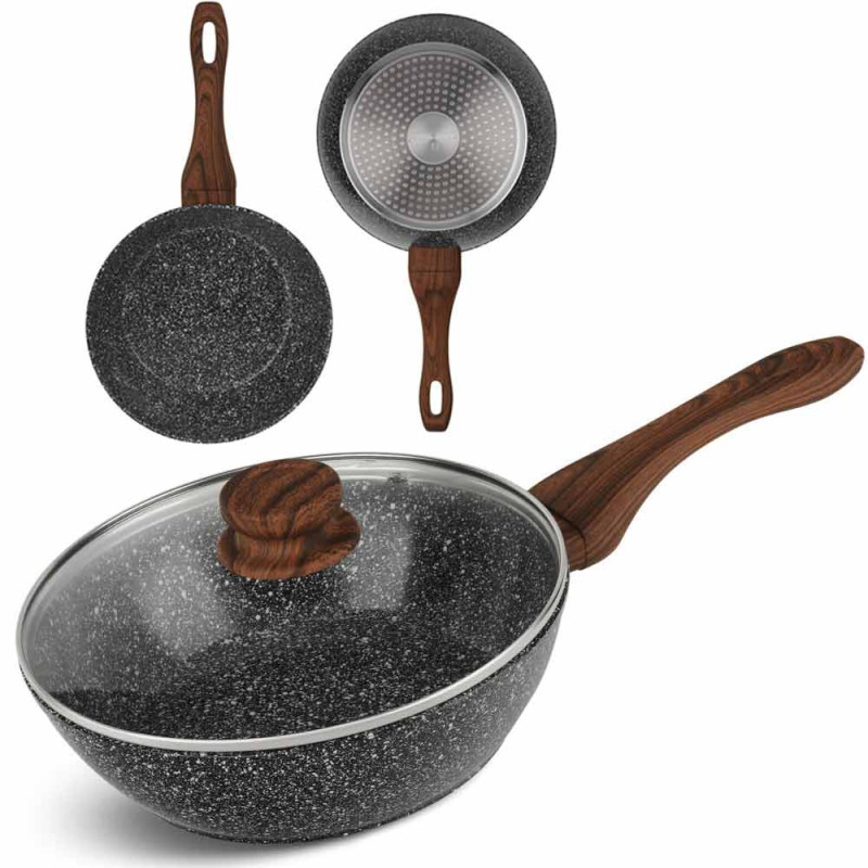 Patelnia głęboka z pokrywką wok 24 cm średnia powłoka szary marmurek Edenberg EB 5662 indukcyjna gaz