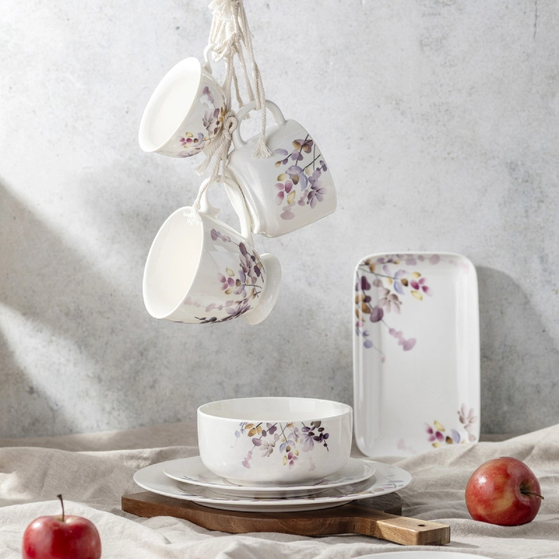 Serwis obiadowy porcelanowy Florina Japandi 30 elementów zestaw talerzy filiżanki dla 6 osób piękny wzór kwiaty