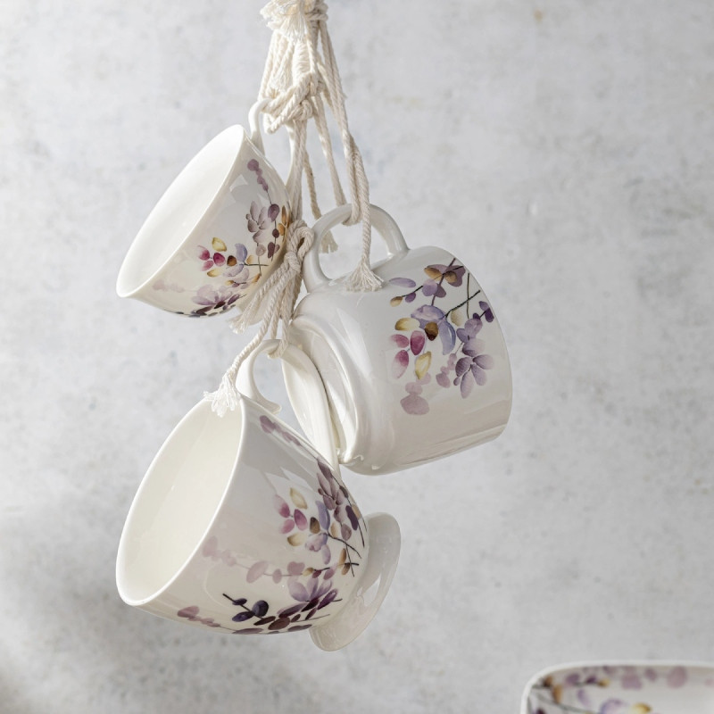 Komplet 6 kubków porcelanowych Florina Japandi 370 ml zestaw białe wzór kwiaty