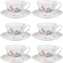 Komplet 6 filiżanek porcelanowych ze spodkami Florina Japandi 230 ml zestaw do kawy herbaty białe wzór kwiaty