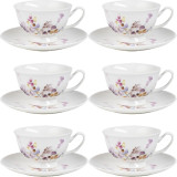 Komplet 6 filiżanek porcelanowych ze spodkami Florina Japandi 230 ml zestaw do kawy herbaty białe wzór kwiaty