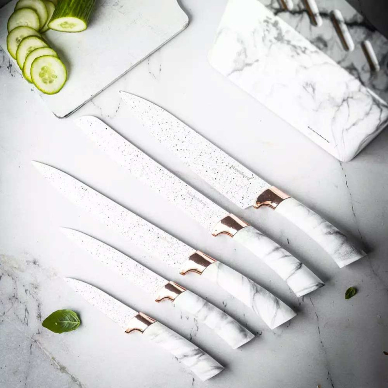 Zestaw noży kuchennych w bloku biały marmur komplet 6 elementowy Klausberg KB 7769