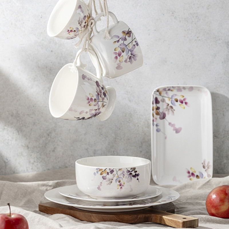 Półmisek porcelanowy prostokątny Florina Japandi biały wzór kwiaty