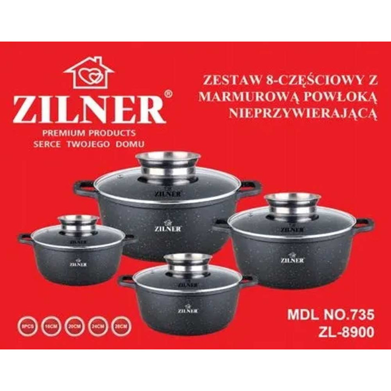 Garnki marmurowe czarne 16/20/24/28 cm zestaw 8 elementowy  Zilner ZL 8900 indukcja gaz