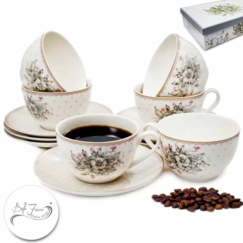Serwis kawowy dla 6 osób Bella Fiore porcelana zestaw filiżanek ze spodkami 6+6 Tragar 40564