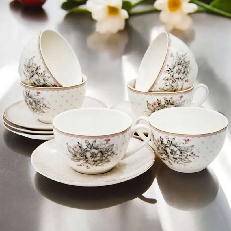 Serwis kawowy dla 6 osób Bella Fiore porcelana zestaw filiżanek ze spodkami 6+6 Tragar 40564