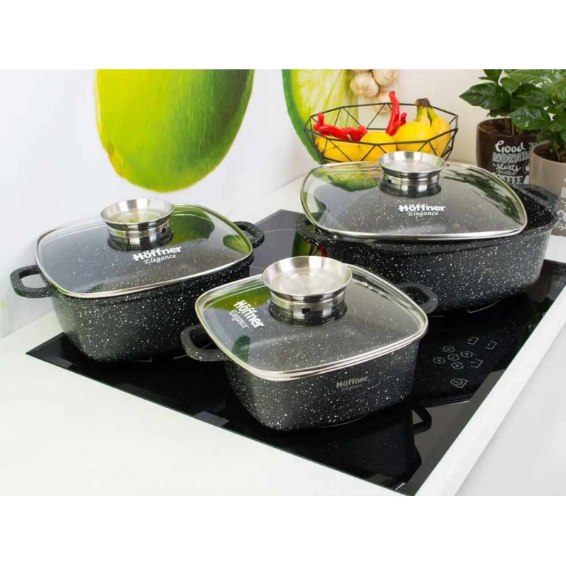 Garnki marmurowe Hoffner HF 7766 Zestaw 3 granitowe garnki indukcyjne