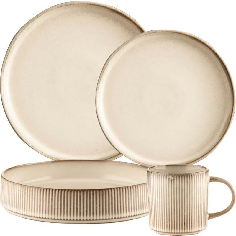 Serwis obiadowy porcelanowy Florina Evia 24 elementy z kubkiem zestaw talerzy dla 6 osób retro
