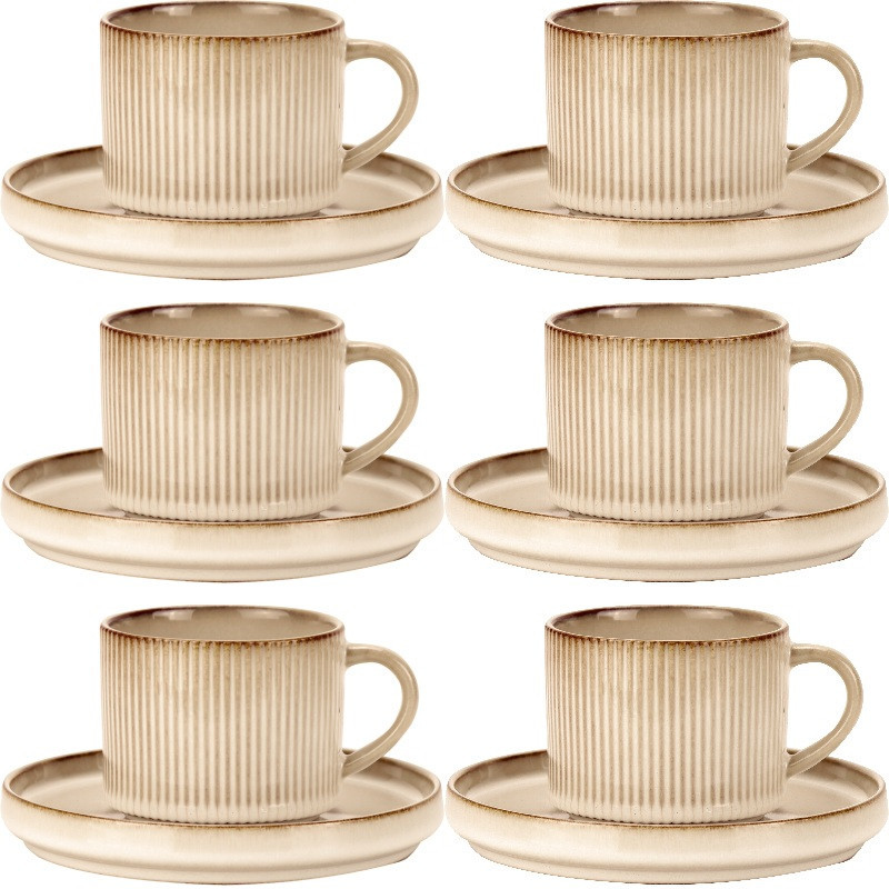 Komplet 6 filiżanek ze spodkami porcelanowych Florina Evia 250 ml do kawy herbaty zestaw kremowe retro