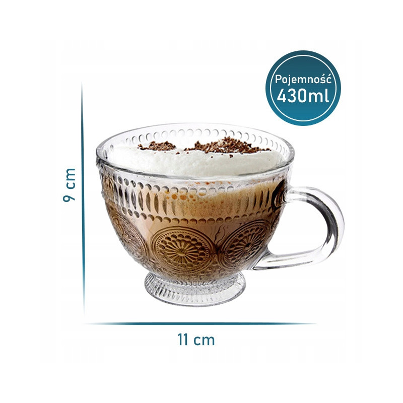 Filiżanki szklane 430 ml duże do kawy herbaty Altom Daisy zestaw 6 sztuk