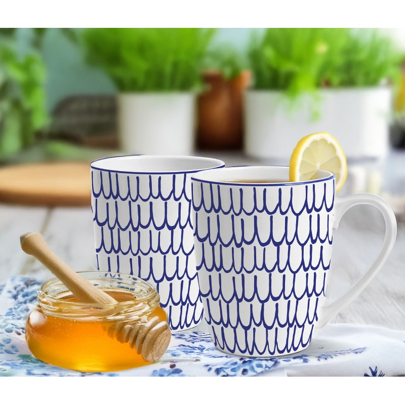 Kubki porcelanowe 360 ml MG Home Fiori niebieski wzór płatki kwiatu komplet 6 kubków