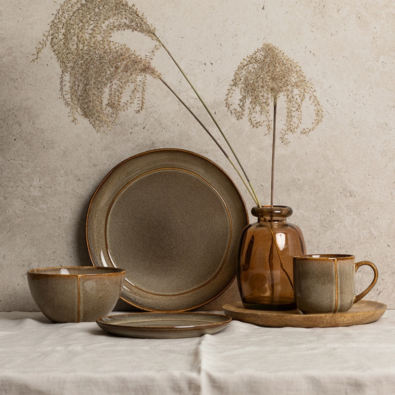 Serwis obiadowy porcelanowy Florina Bergen 18 elementów zestaw talerzy dla 6 osób retro brązowe