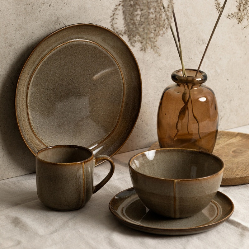 Serwis obiadowy porcelanowy Florina Bergen 18 elementów zestaw talerzy dla 6 osób retro brązowe