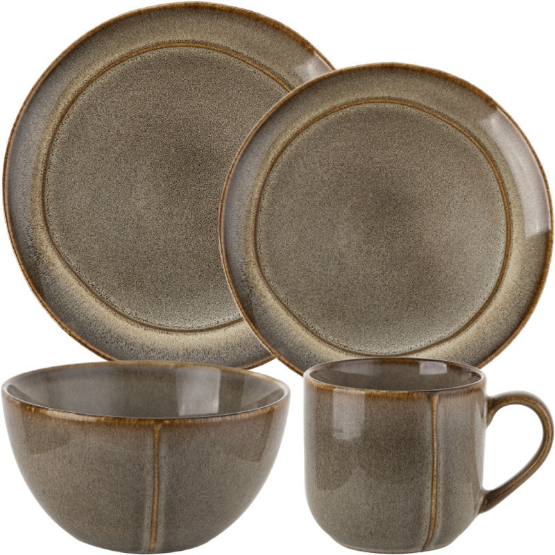 Serwis obiadowy porcelanowy Florina Bergen 24 elementy zestaw talerzy dla 6 osób retro brązowe
